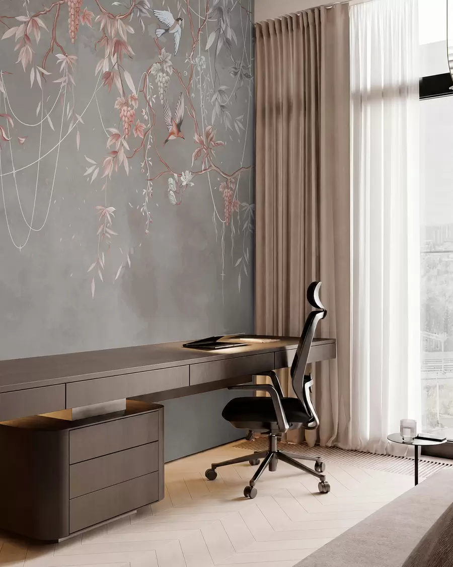 Wall Mural Photo Wallpaper Branches with grapes and birds on warm gray-pink background w04302