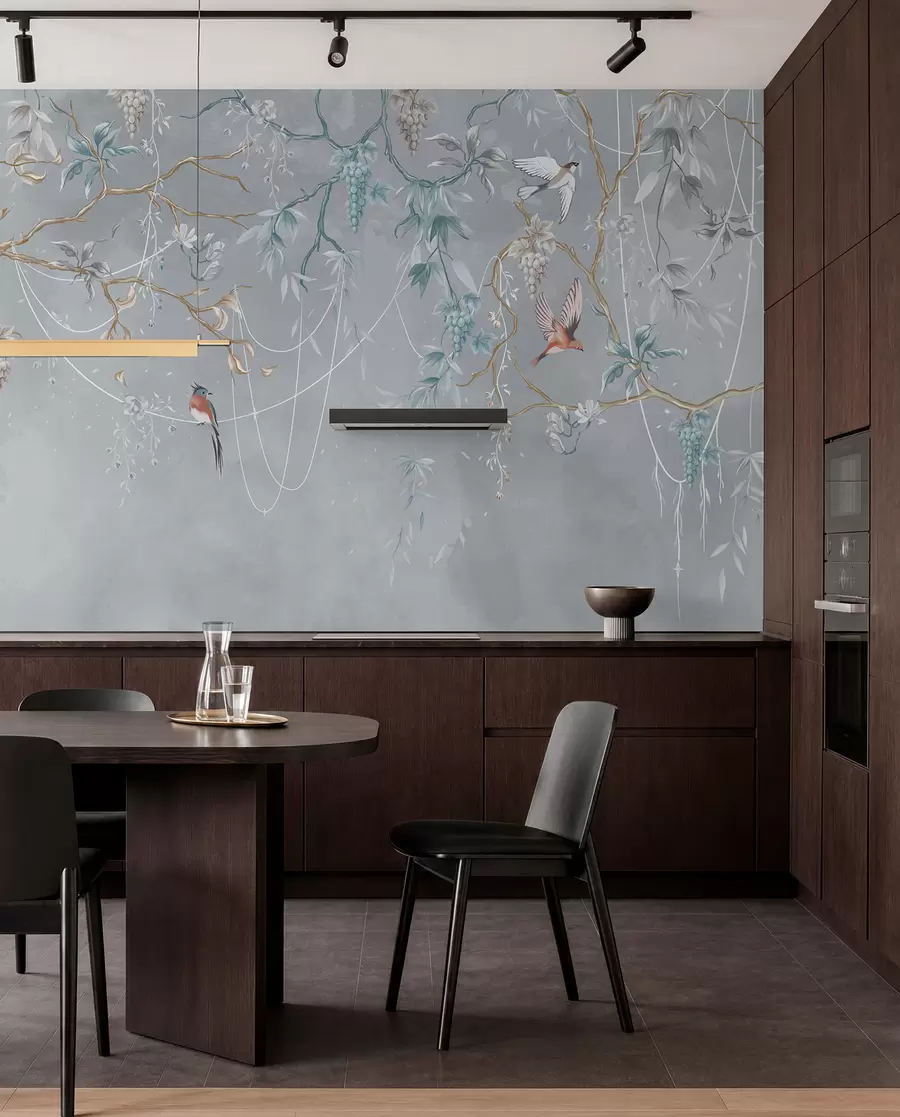 wall murals Cold variant with blue background and thin branches w04302v3