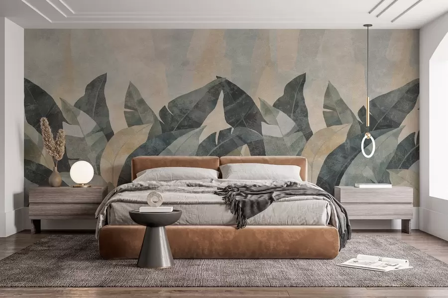 wall murals textured banana leaves in natural shades of beige, green and gray w04285