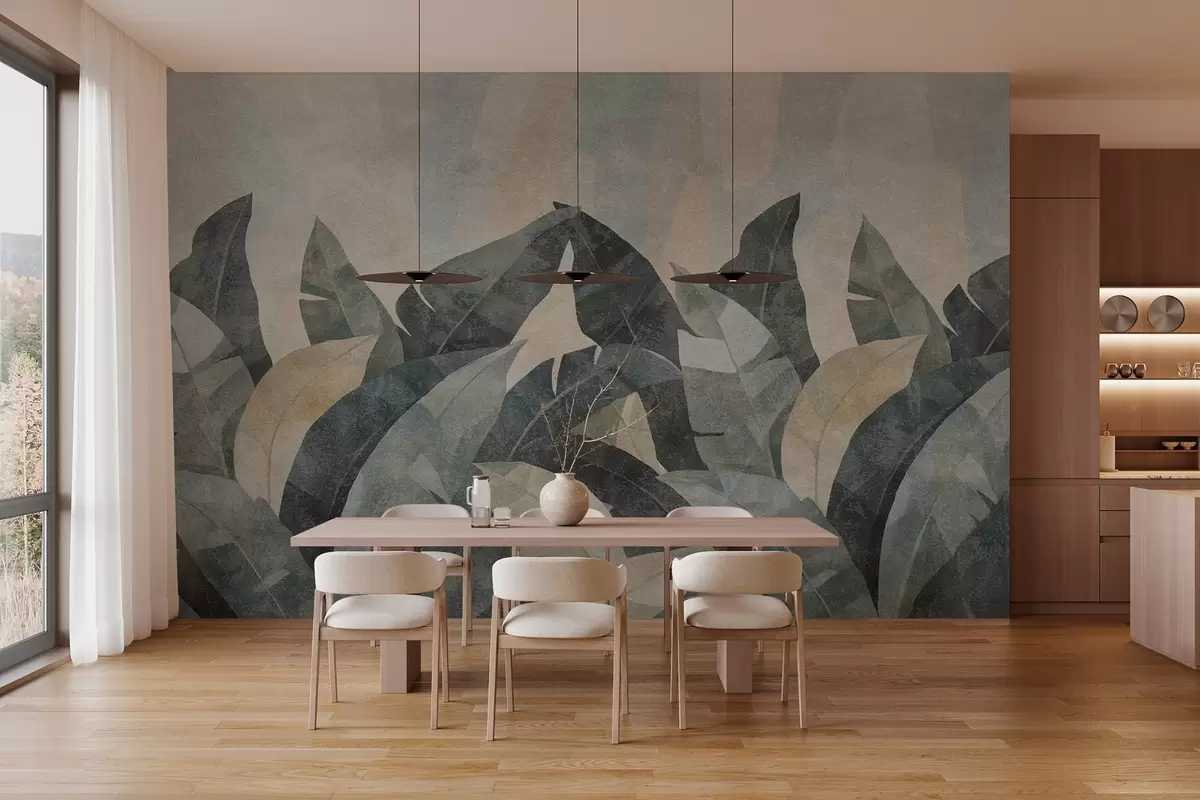 wall murals textured banana leaves in natural shades of beige, green and gray w04285