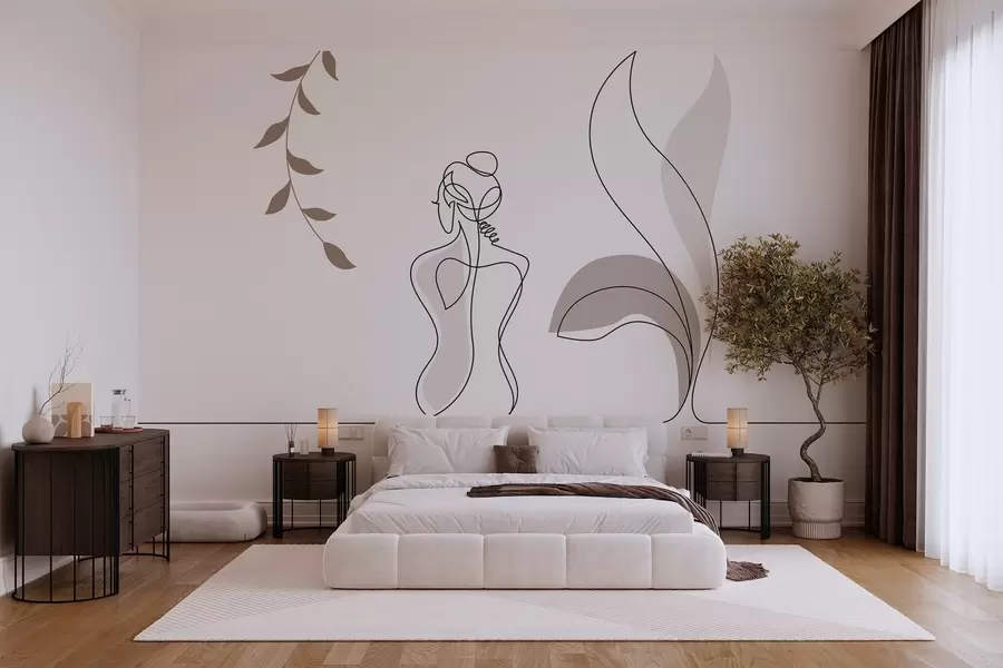 Wall Mural Photo Wallpaper linear silhouette of a woman and leaves w04303