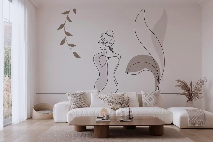 peintures murales silhouette linéaire d'une femme et de feuilles w04303