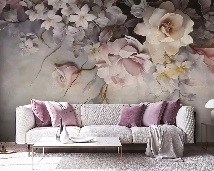 wall murals Large flowers hanging down the wall on a concrete background w09184