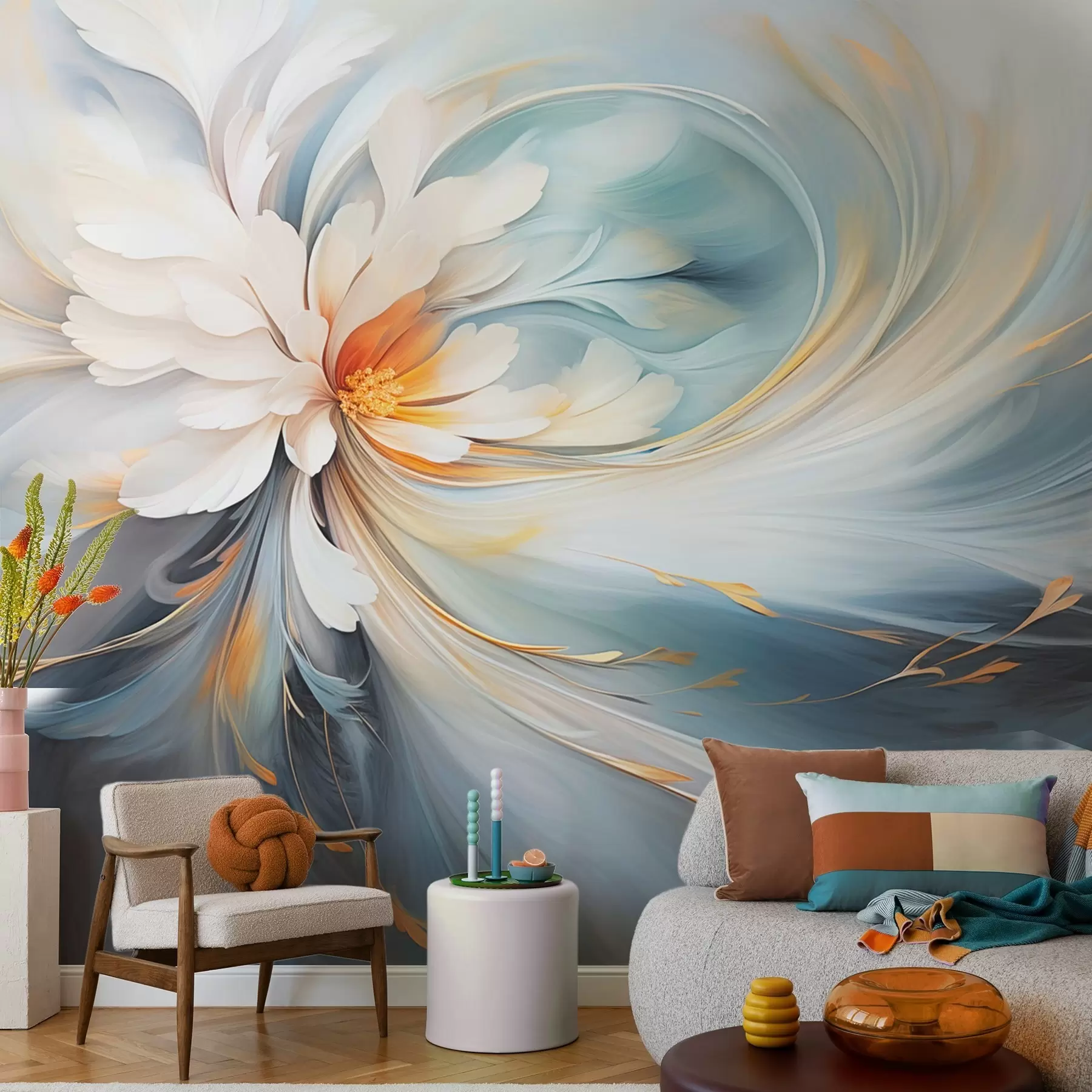 peintures murales Fleur abstraite dans des tons doux de bleu et d'orange w09270