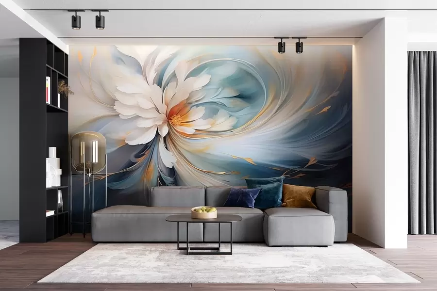 peintures murales Fleur abstraite dans les tons bleu et orange w09270v1