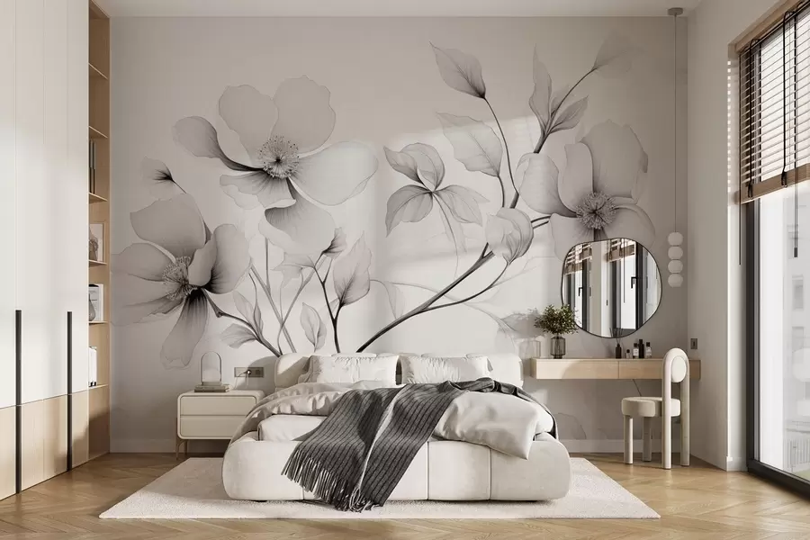Wall Mural Photo Wallpaper Black and white flowers with elegant lines on a gray background w09271