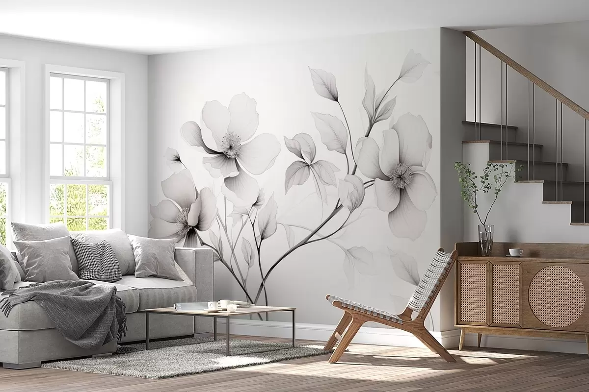 Wall Mural Photo Wallpaper Black and white flowers with elegant lines on a gray background w09271