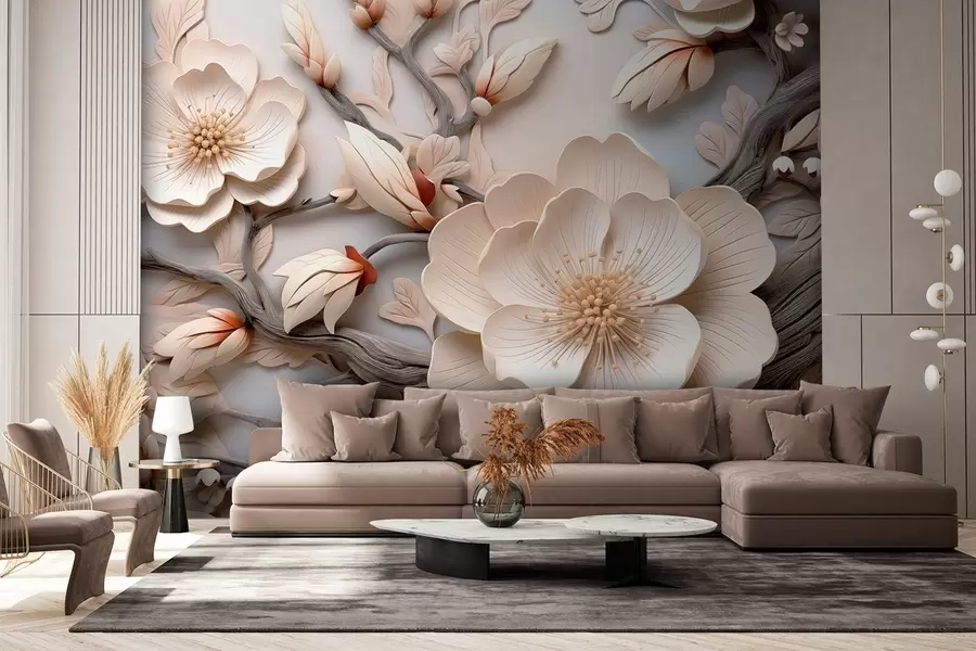 wall murals Volumetric flowers and branches in light tones w09272