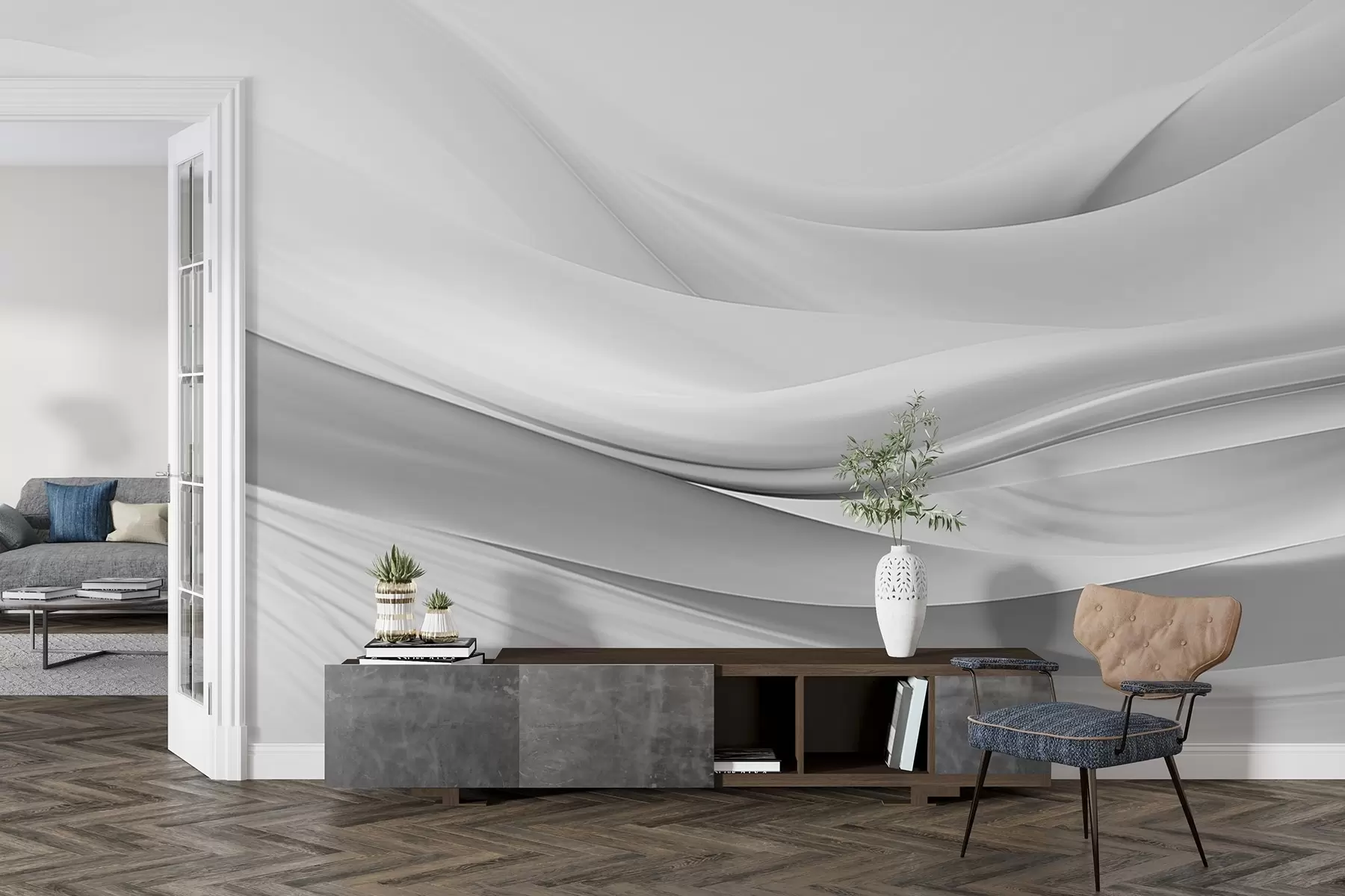 wall murals Gray fabric waves in minimalist abstract style w09279v1