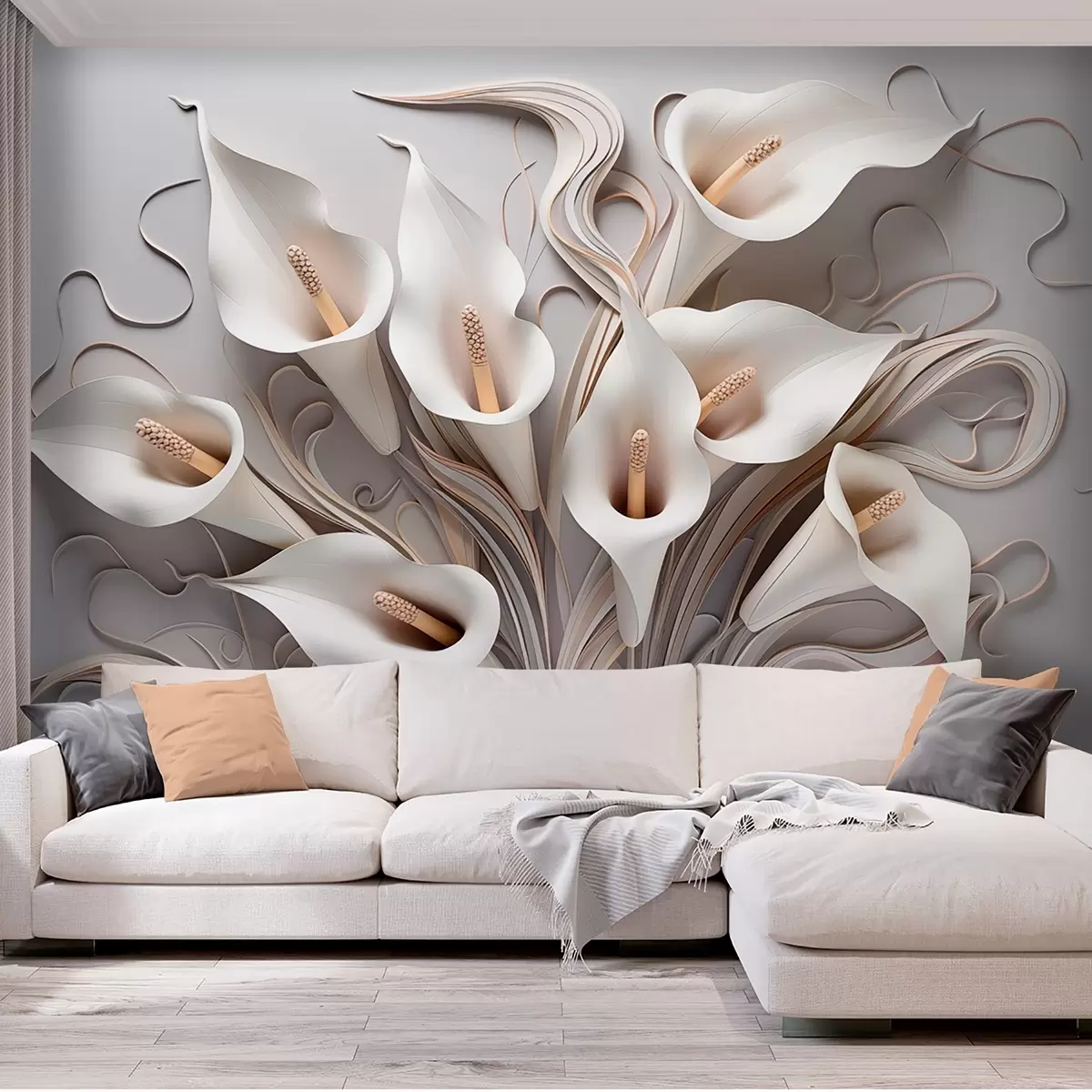 Wall Mural Photo Wallpaper Volumetric calla lilies in creamy tones with 3D effect w09281