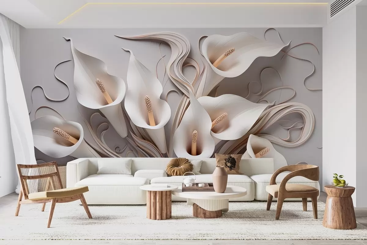 peintures murales Lys calla volumineux dans des tons crémeux avec effet 3D w09281