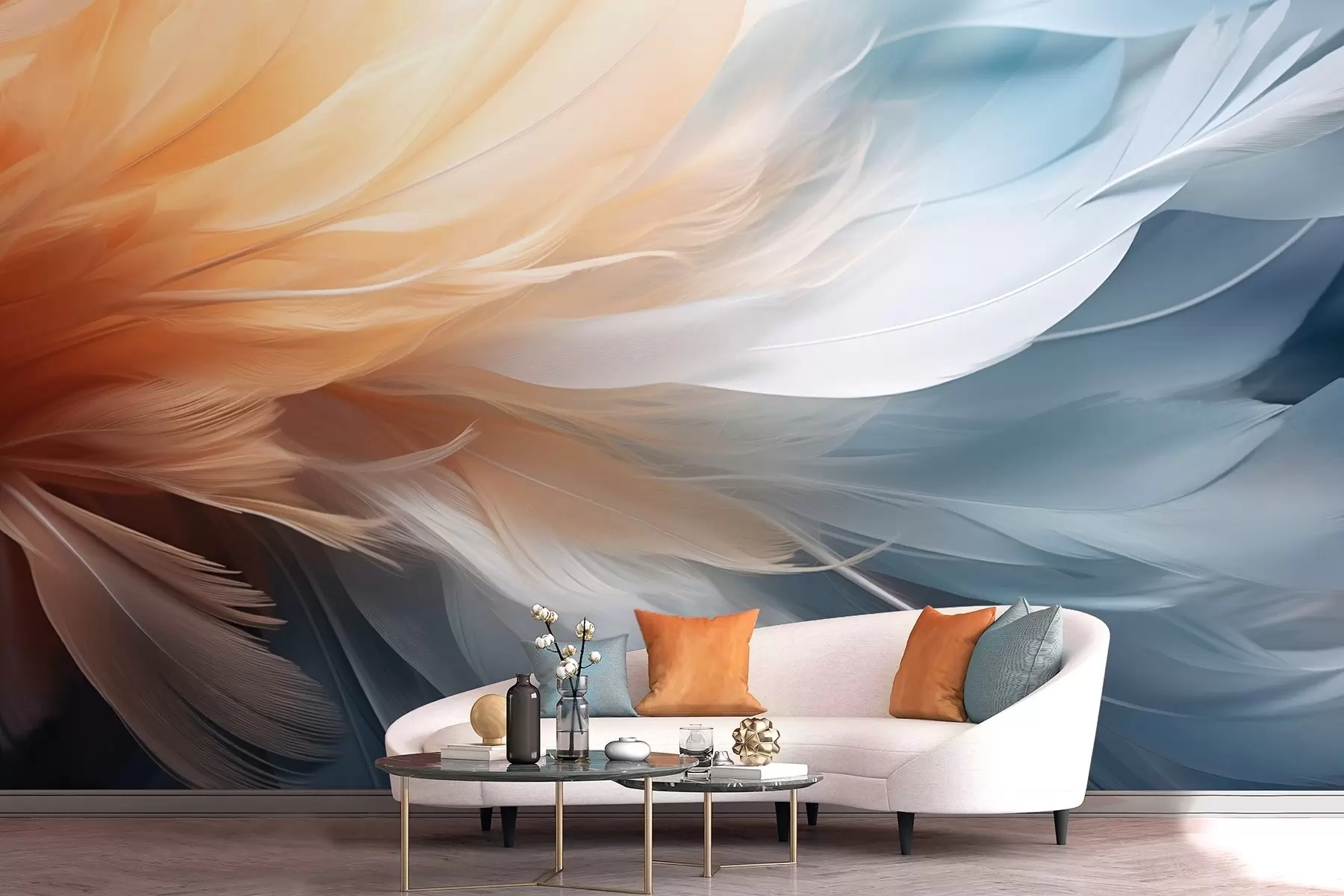 peintures murales Plumes délicates dans des tons dégradés d'orange et de bleu w09282