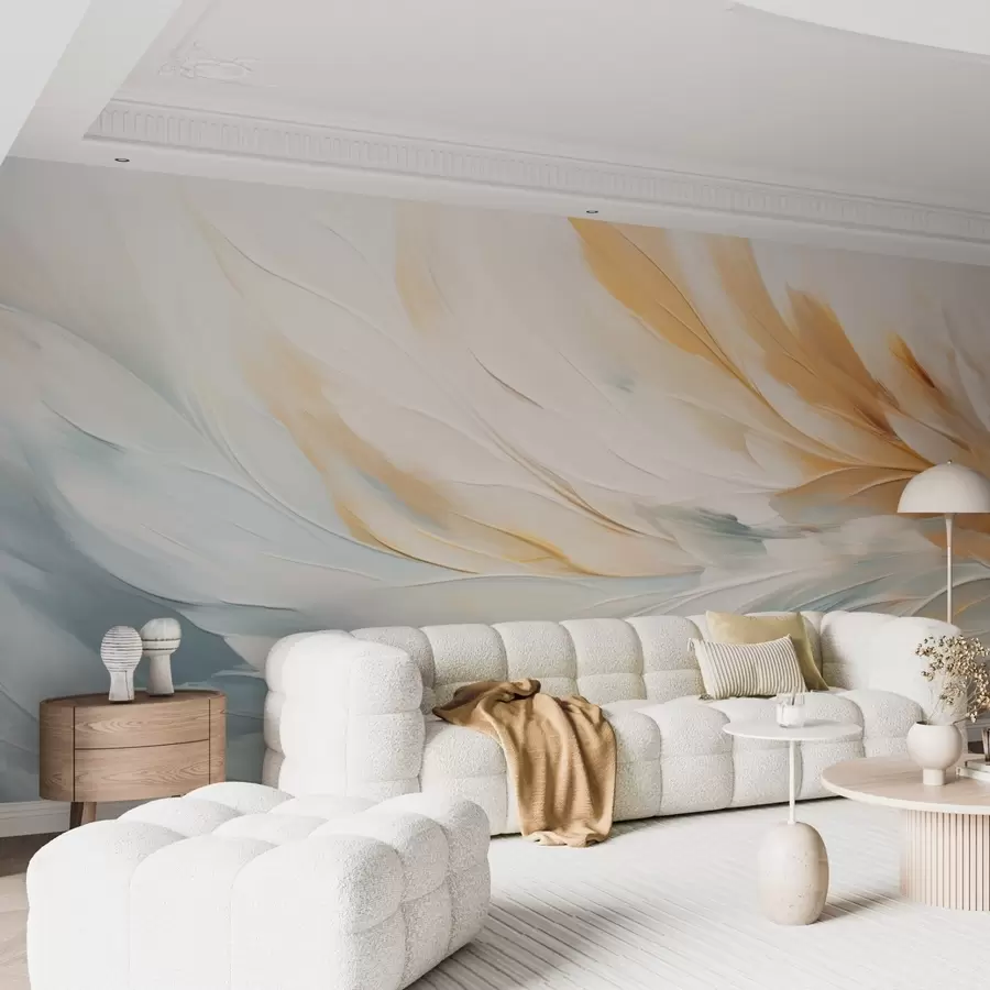 murales Plumas abstractas en suaves tonos azules y naranjas w09283