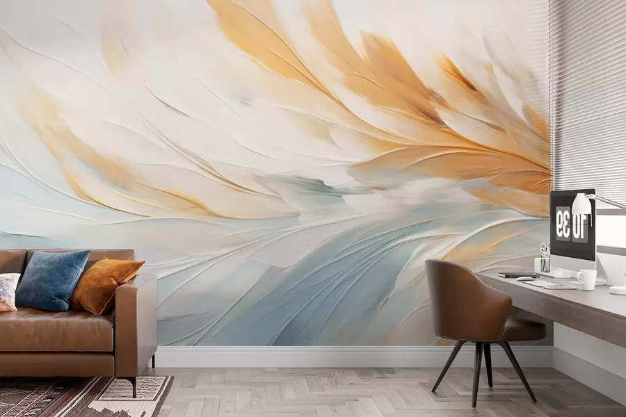peintures murales Plumes abstraites dans des tons doux de bleu et d'orange w09283