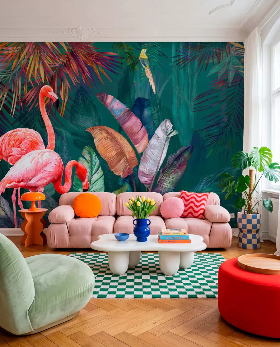 Wall Mural Photo Wallpaper Flamingos in the colored tropics u80403