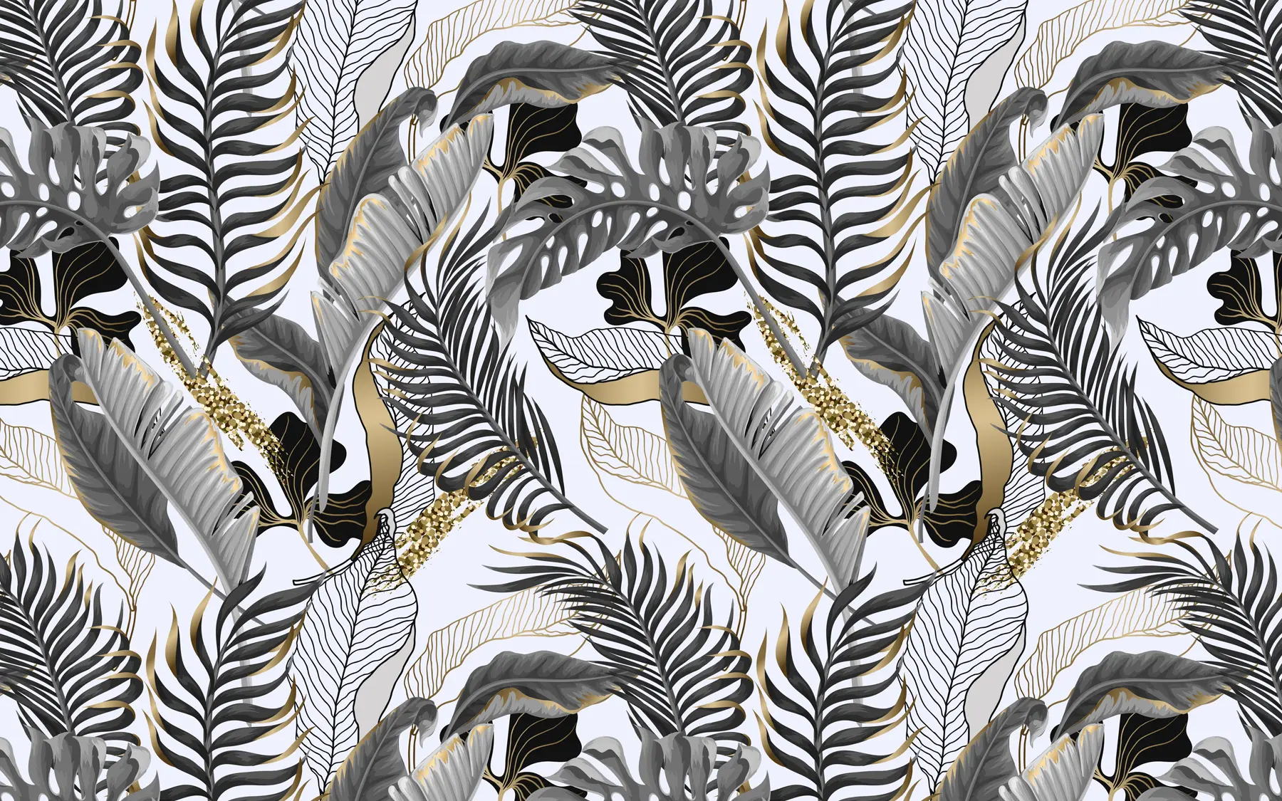 murales Hojas tropicales grises sobre fondo blanco u71888