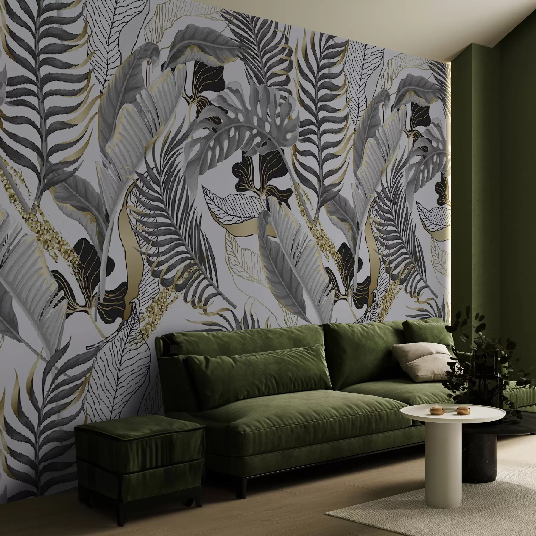 peintures murales Feuilles tropicales grises sur fond blanc u71888