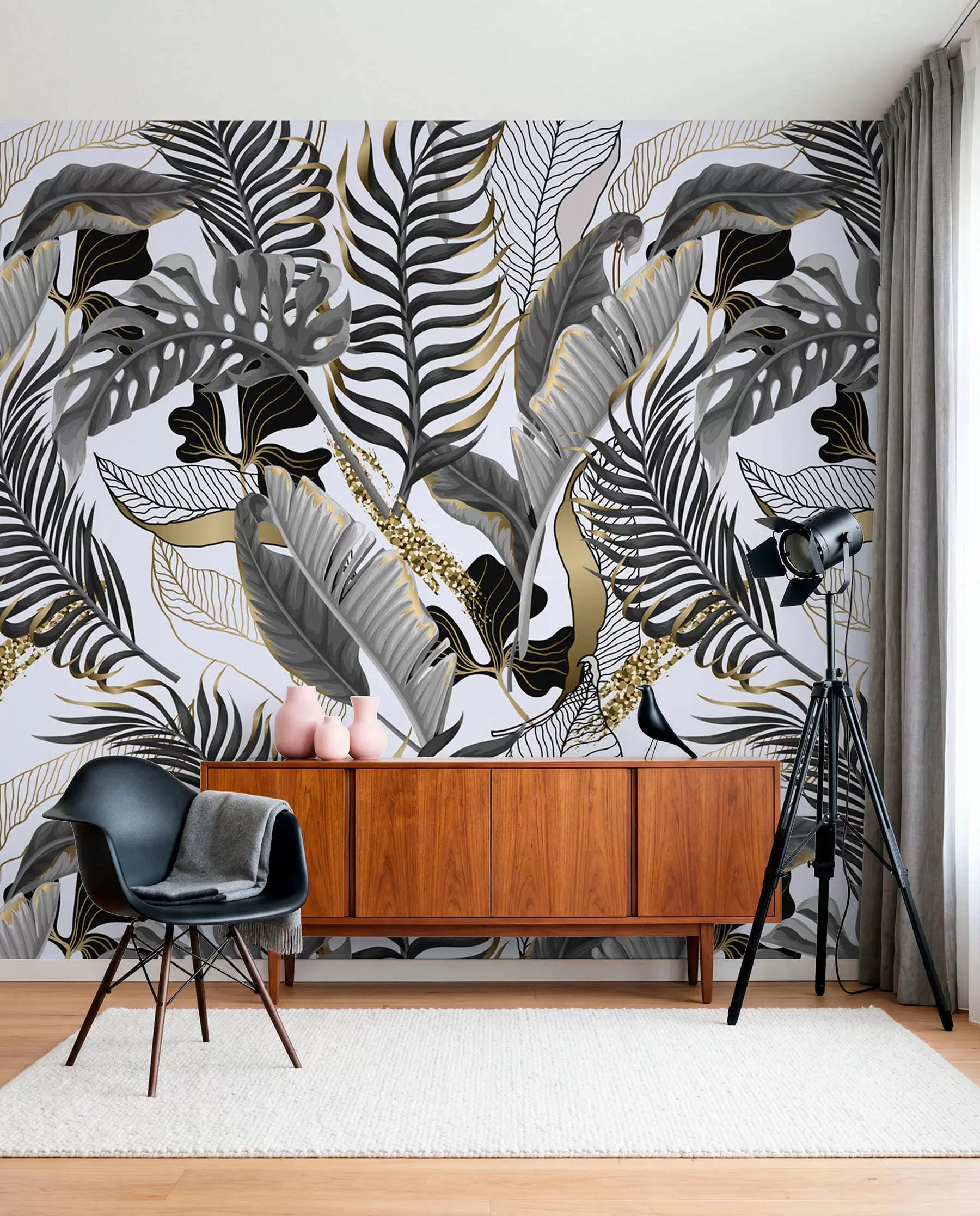 Wall Mural Photo Wallpaper Tropical leaves gray on a white background u71888