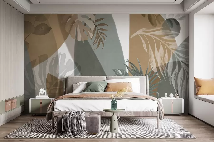 Wall Mural Photo Wallpaper Monstera leaves and palm leaves in a pattern with brown, white and green colors, tropical vibe, abstract shapes, decorative w09288