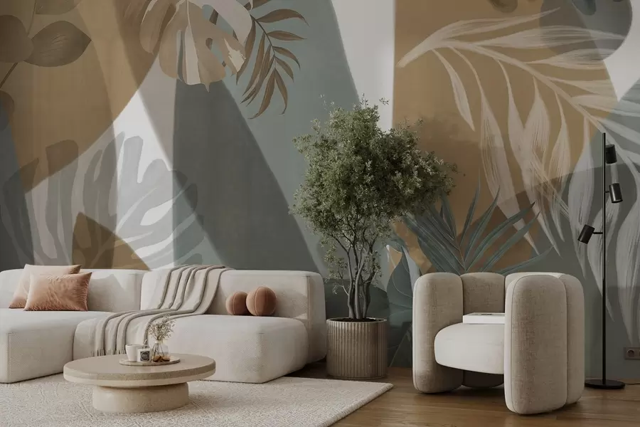 peintures murales Feuilles de monstera et feuilles de palmier dans un motif aux couleurs brunes, blanches et vertes, ambiance tropicale, formes abstraites, décoratif w09288