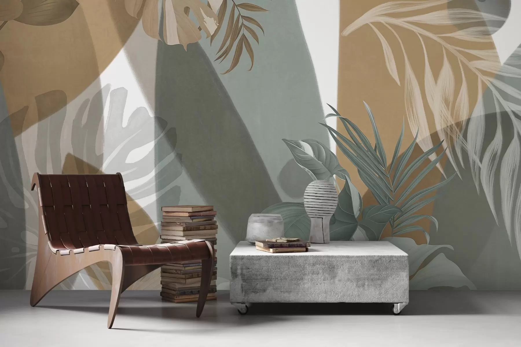 peintures murales Feuilles de monstera et feuilles de palmier dans un motif aux couleurs brunes, blanches et vertes, ambiance tropicale, formes abstraites, décoratif w09288