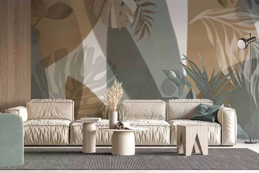 murales Hojas de Monstera y hojas de palma en un patrón con colores marrón, blanco y verde, ambiente tropical, formas abstractas, decorativo w09288