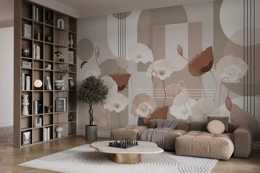 murales Amapolas en colores blanco y beige con formas geométricas en el fondo, círculos y arcos, estilo minimalista, colores suaves w09289