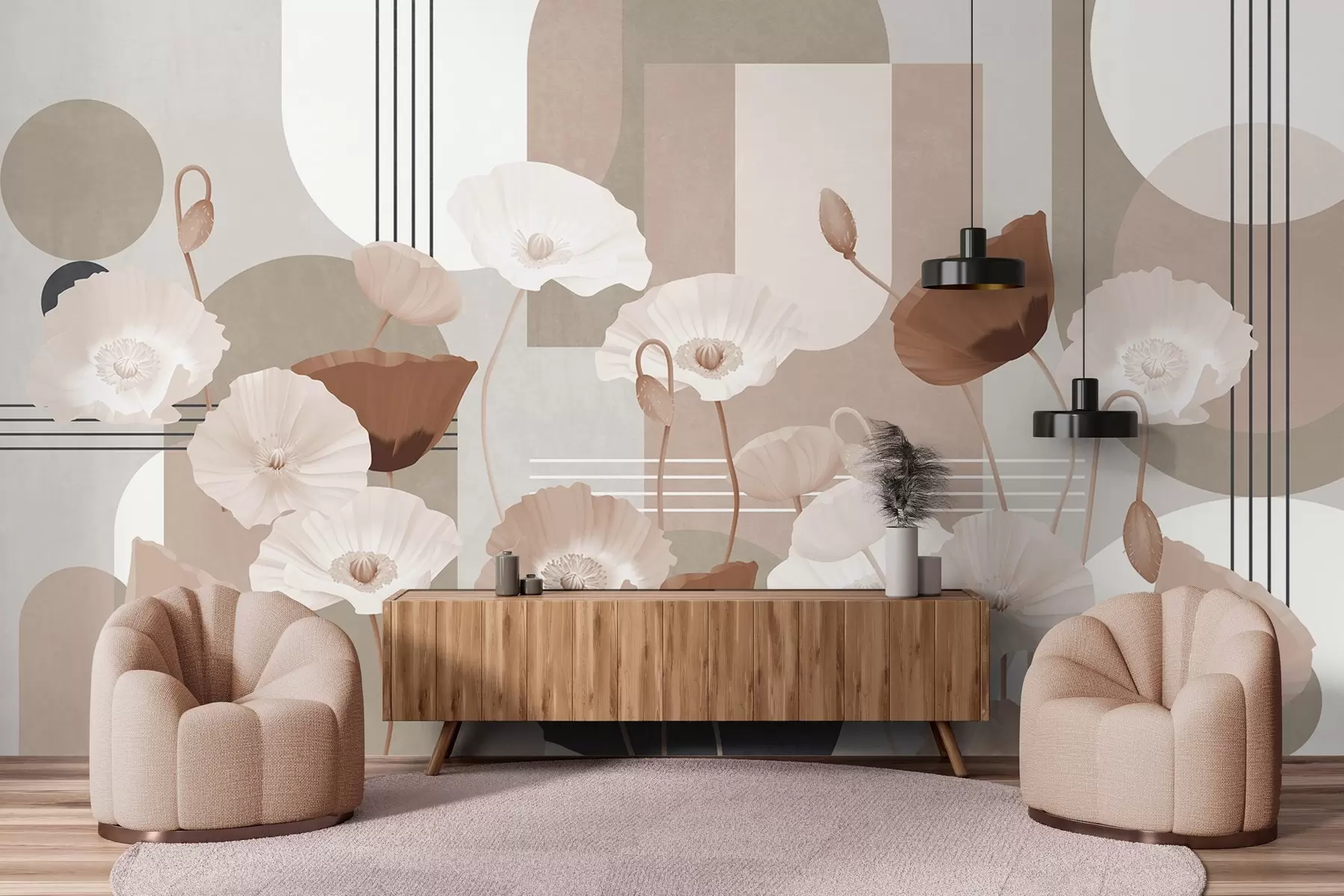 murales Amapolas en colores blanco y beige con formas geométricas en el fondo, círculos y arcos, estilo minimalista, colores suaves w09289