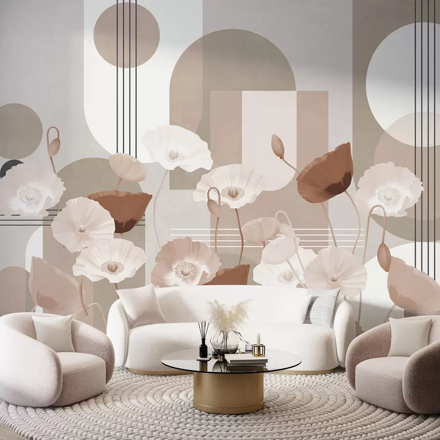Wall Mural Photo Wallpaper Poppies in white and beige colors with geometric shapes in the background, circles and arches, minimalist style, soft colors w09289