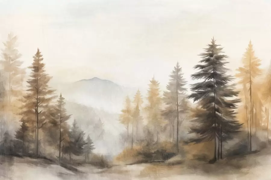 peintures murales Forêt d'automne texturée avec de grands pins et des montagnes en arrière-plan. Les couleurs sont sourdes et terreuses w09290