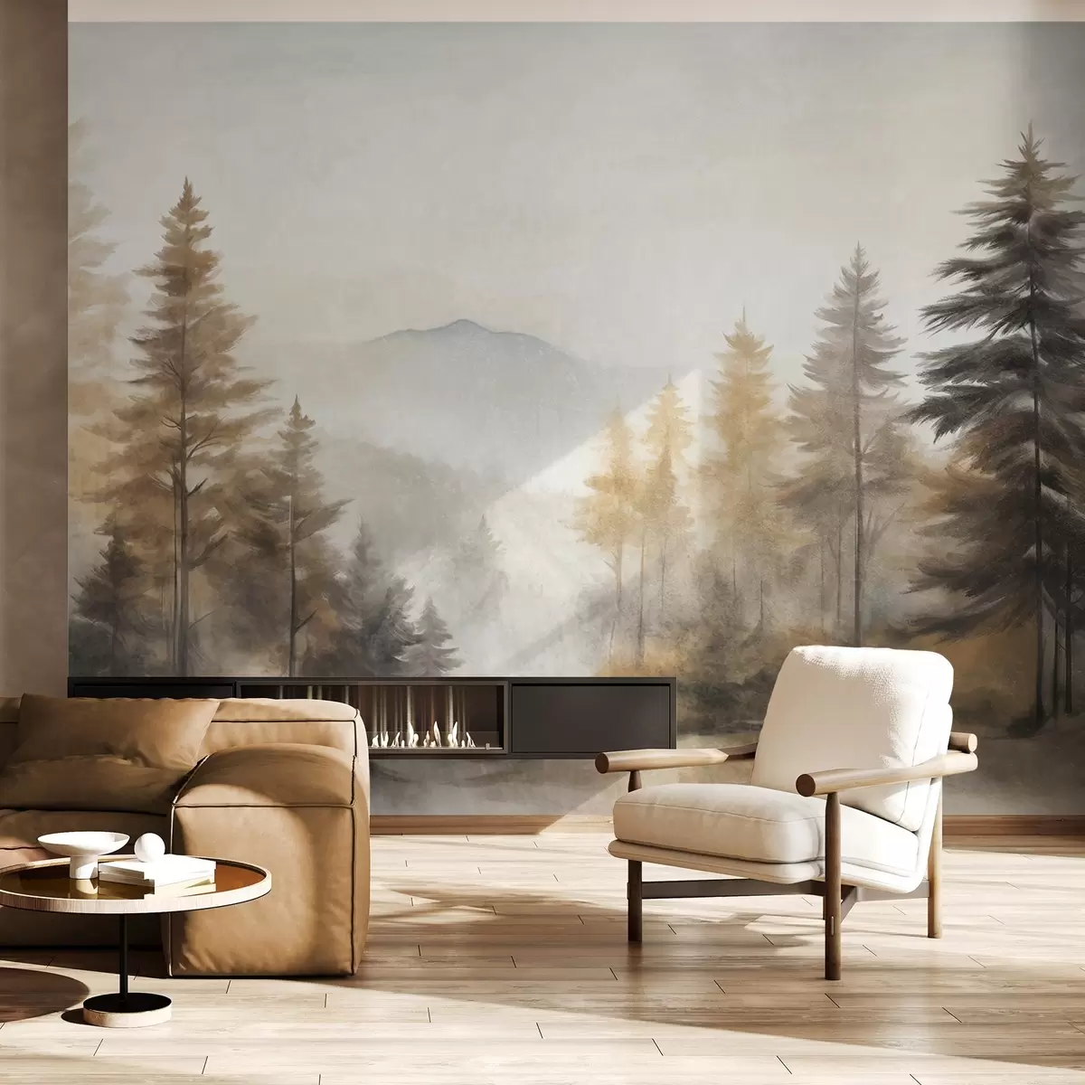 wall murals Textured autumn forest with tall pine trees and mountains in the background, the colors are muted and earthy painting style w09290