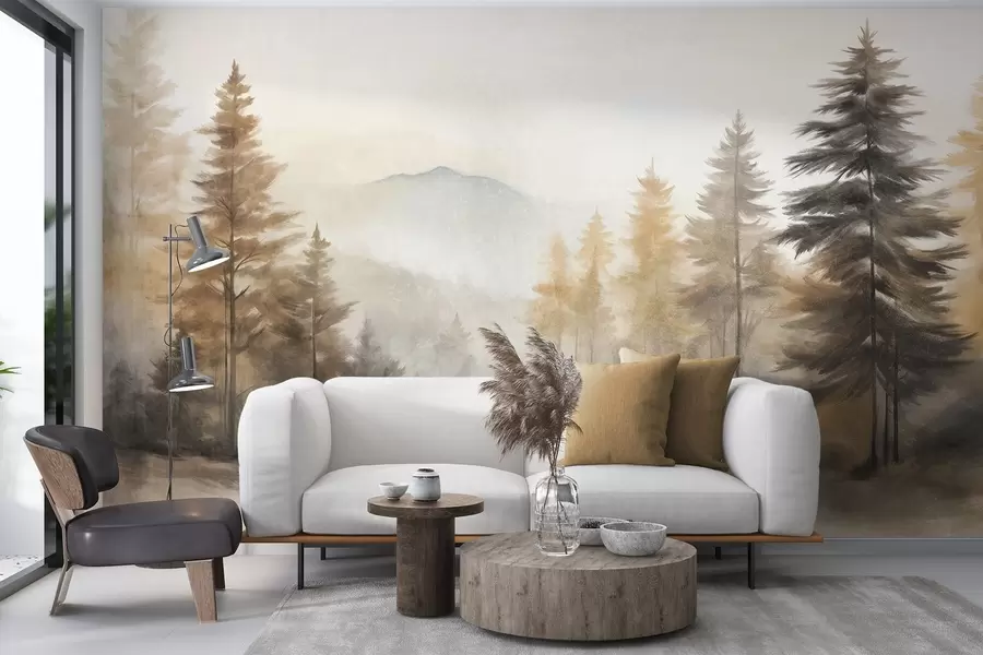 Wall Mural Photo Wallpaper Textured autumn forest with tall pine trees and mountains in the background, the colors are muted and earthy painting style w09290