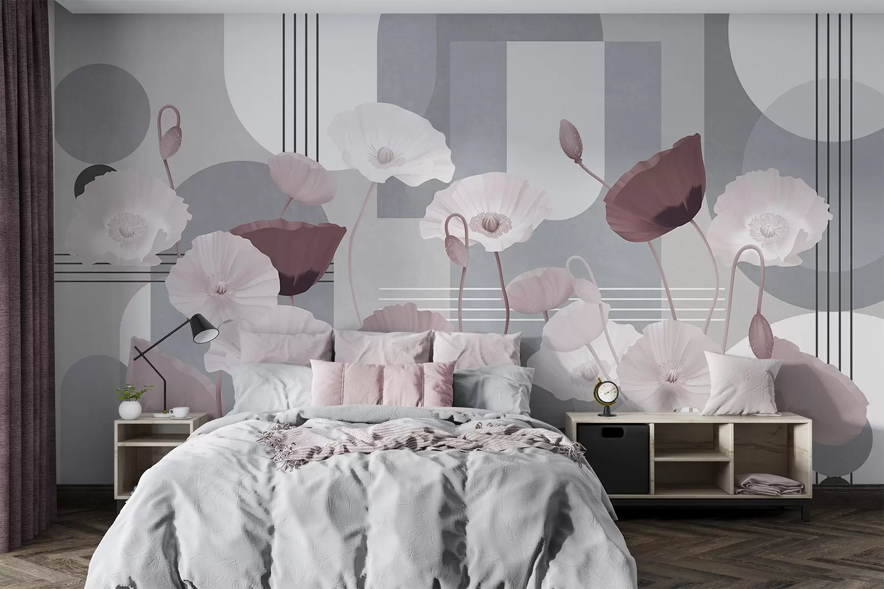 Wall Mural Photo Wallpaper Poppies in white and gray colors with geometric shapes in the background, circles and arches, minimalist style, soft colors w09289v1