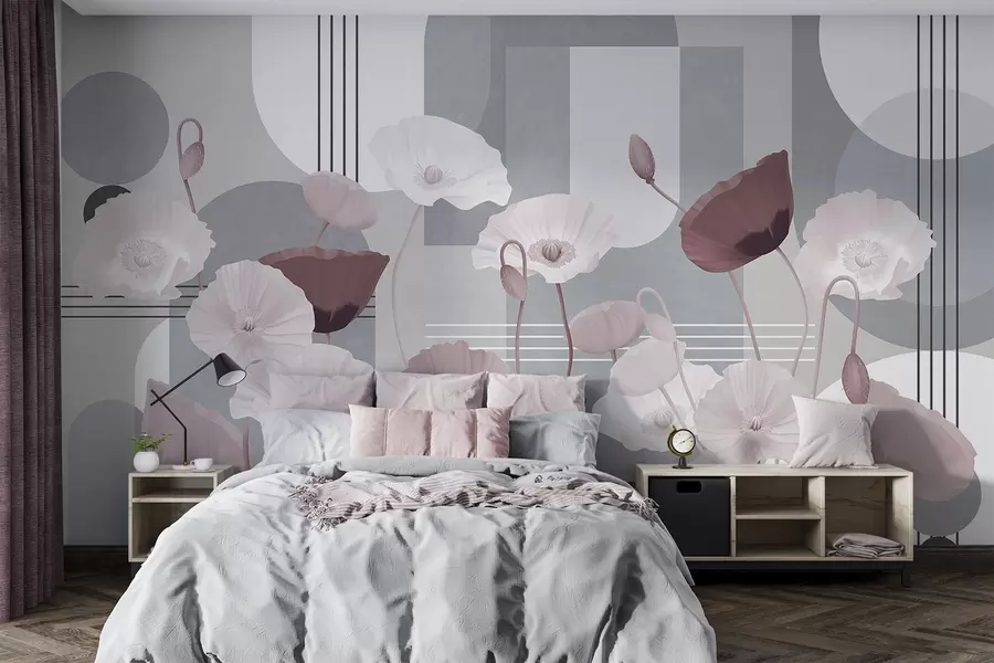 Wall Mural Photo Wallpaper Poppies in white and gray colors with geometric shapes in the background, circles and arches, minimalist style, soft colors w09289v1
