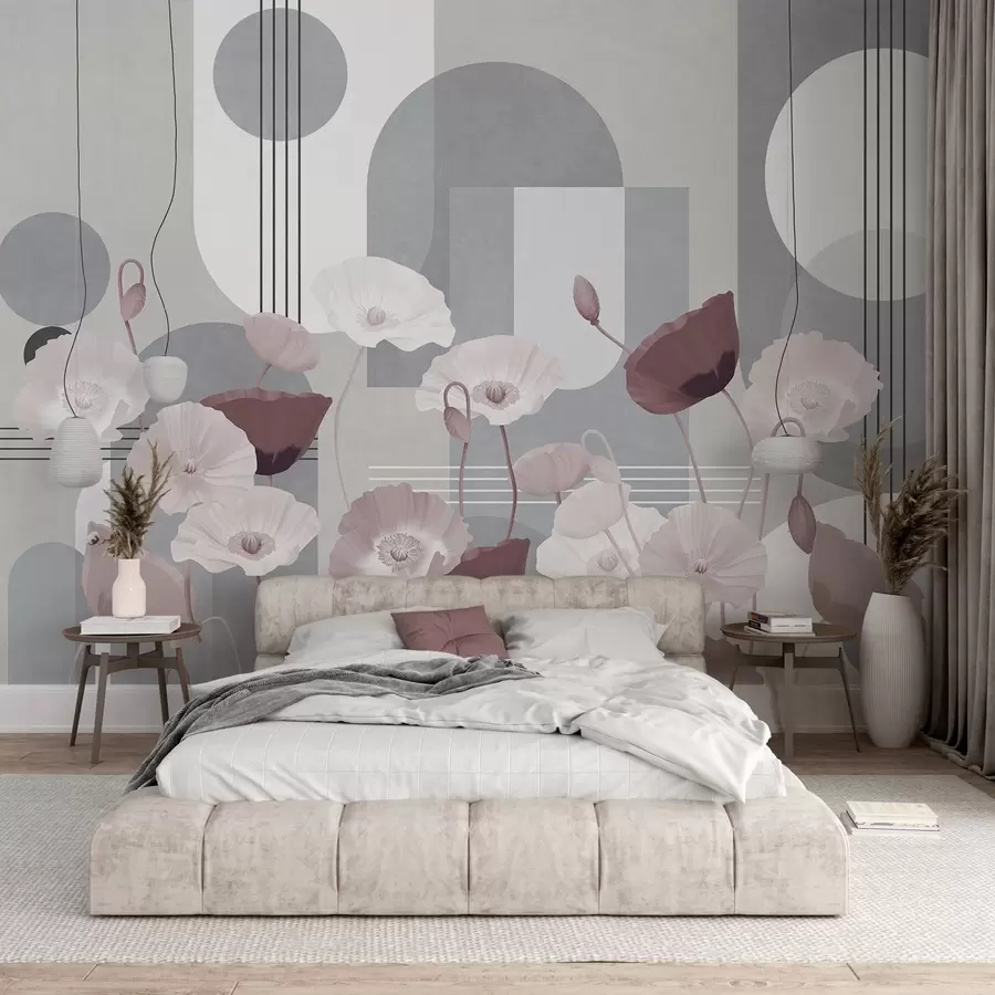 Wall Mural Photo Wallpaper Poppies in white and gray colors with geometric shapes in the background, circles and arches, minimalist style, soft colors w09289v1