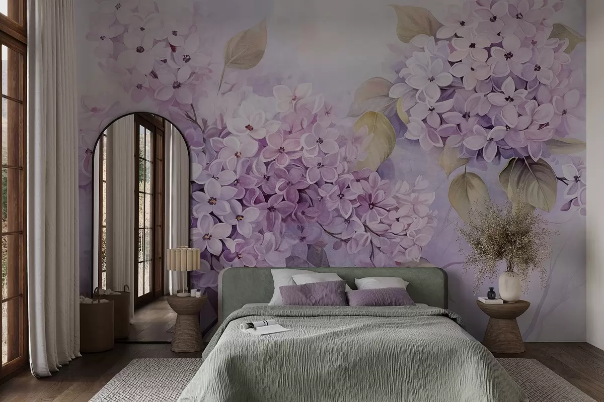 Wall Mural Photo Wallpaper Lilac textured flowers with light purple petals, light green leaves, watercolor style, soft, pastel colors, delicate brushstrokes w09291