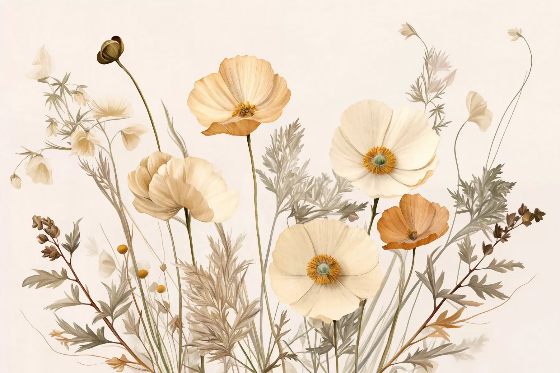 peintures murales Coquelicots vintage texturés orange et blancs avec tiges et feuilles fines, fond beige clair, style aquarelle w09293