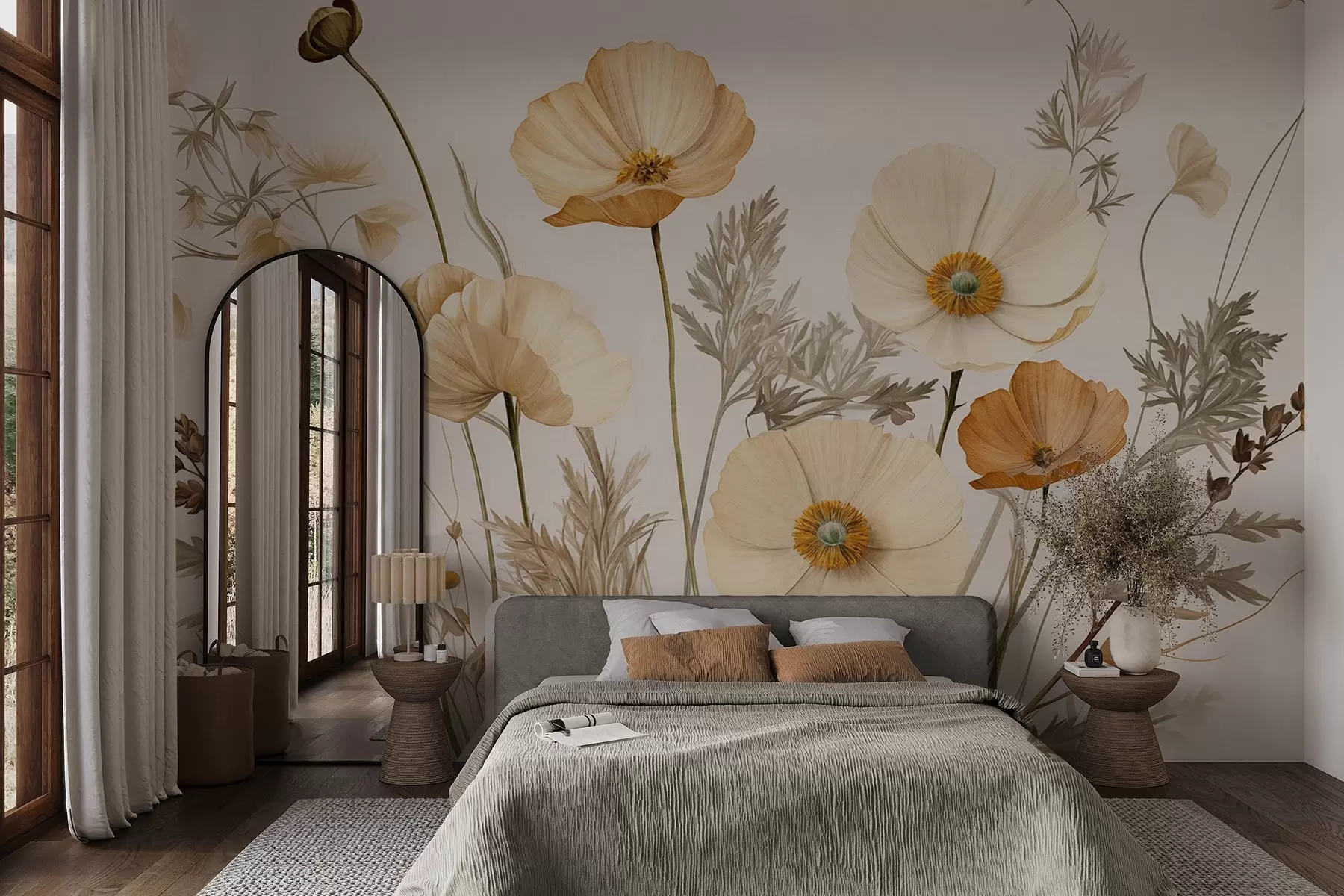 peintures murales Coquelicots vintage texturés orange et blancs avec tiges et feuilles fines, fond beige clair, style aquarelle w09293