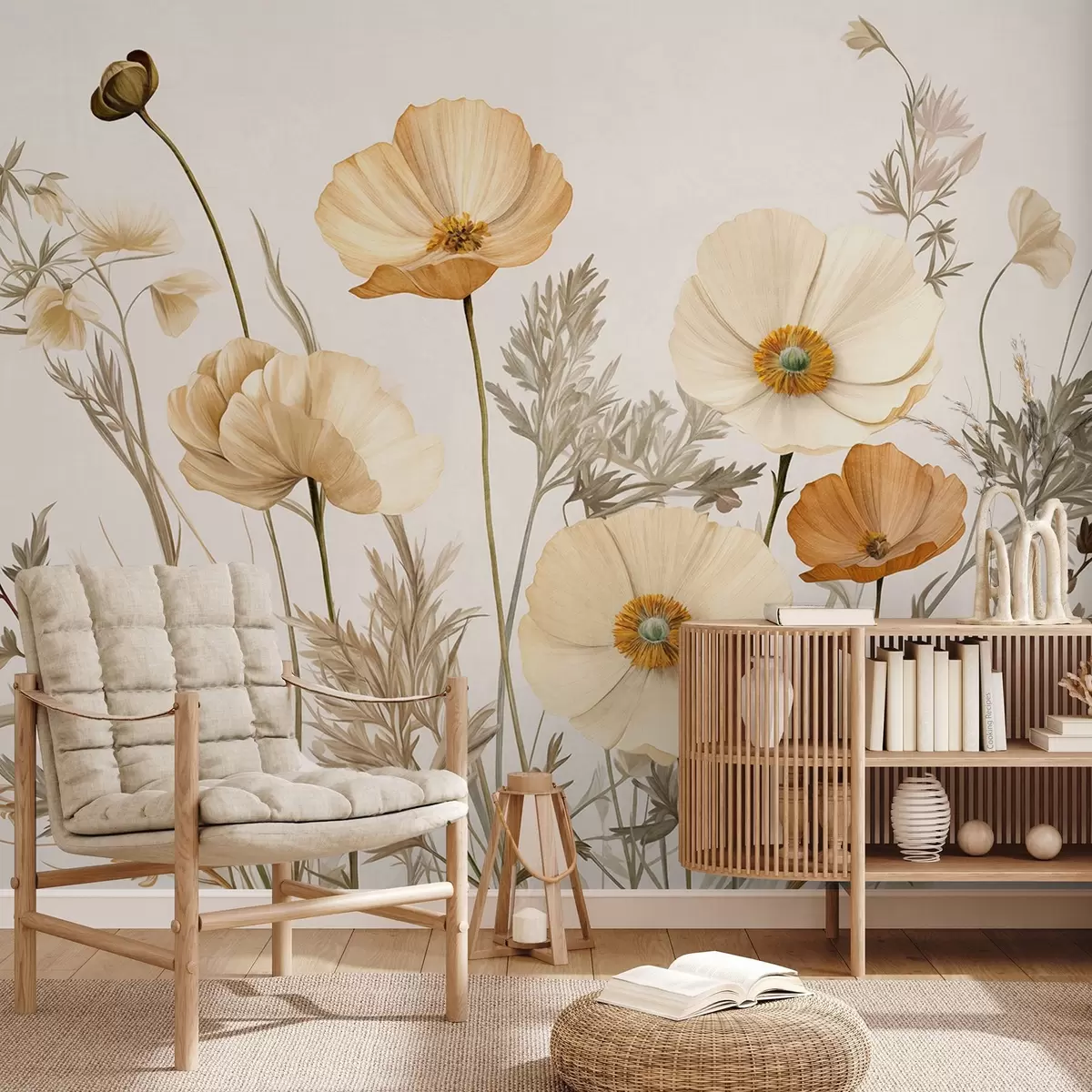 Wall Mural Photo Wallpaper Orange and white vintage textured poppies with thin stems and leaves, light beige background, watercolor style w09293