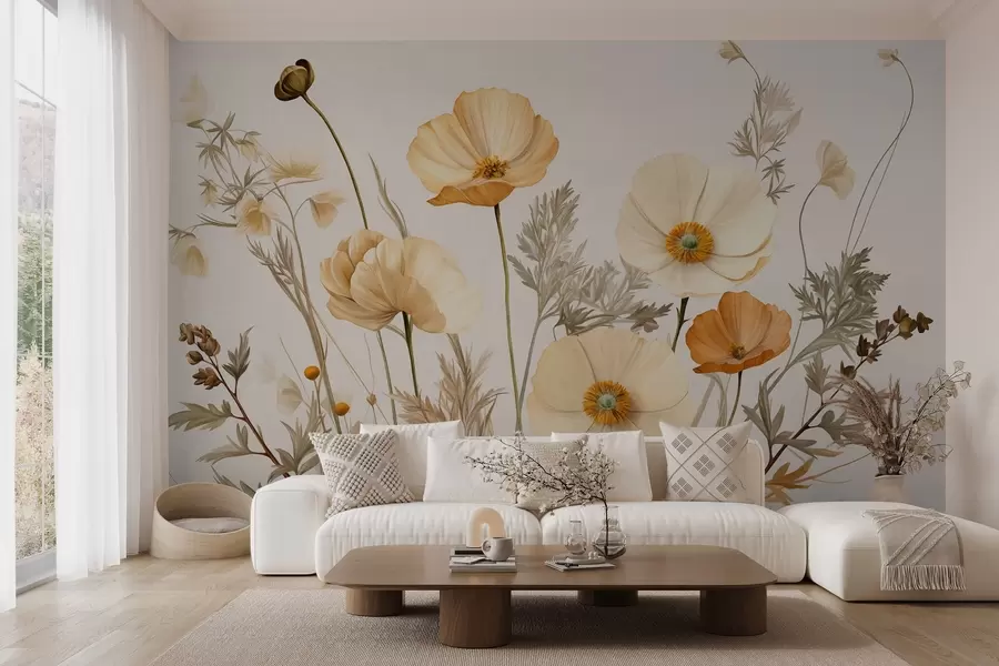 Wall Mural Photo Wallpaper Orange and white vintage textured poppies with thin stems and leaves, light beige background, watercolor style w09293