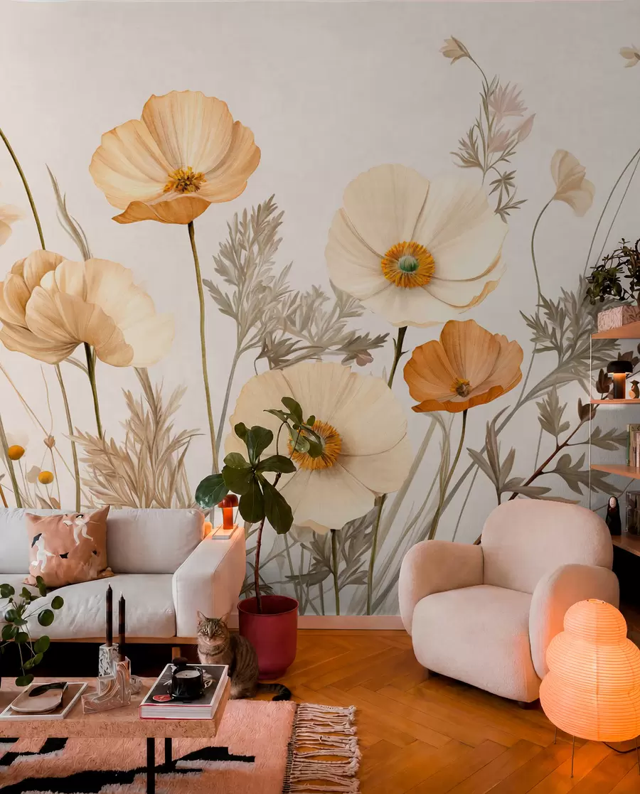 Wall Mural Photo Wallpaper Orange and white vintage textured poppies with thin stems and leaves, light beige background, watercolor style w09293