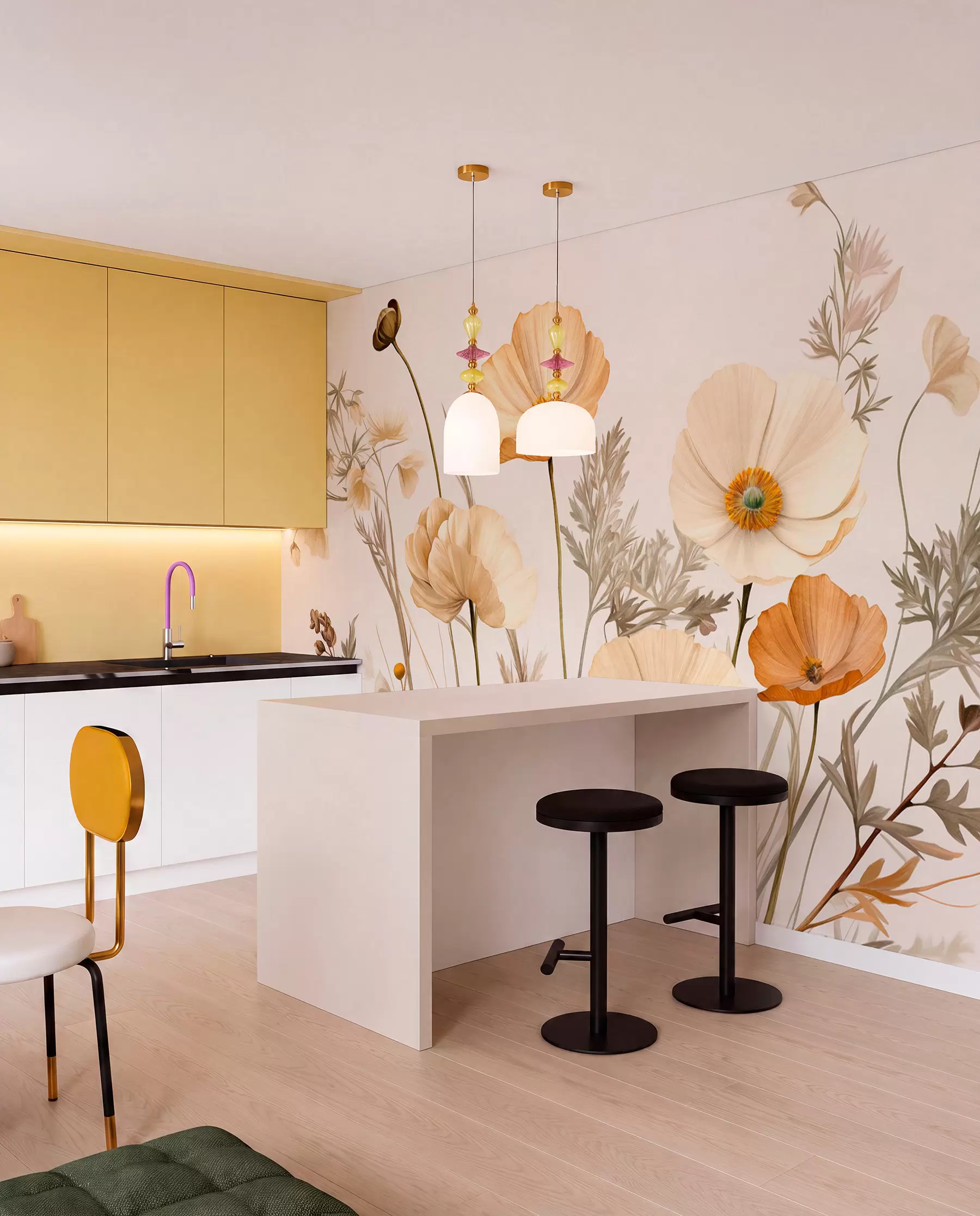 wall murals Orange and white vintage textured poppies with thin stems and leaves, light beige background, watercolor style w09293