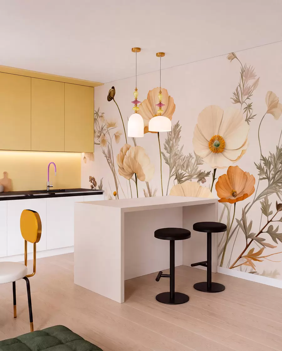wall murals Orange and white vintage textured poppies with thin stems and leaves, light beige background, watercolor style w09293