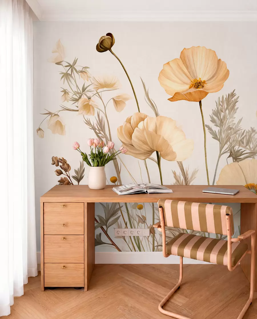 wall murals Orange and white vintage textured poppies with thin stems and leaves, light beige background, watercolor style w09293