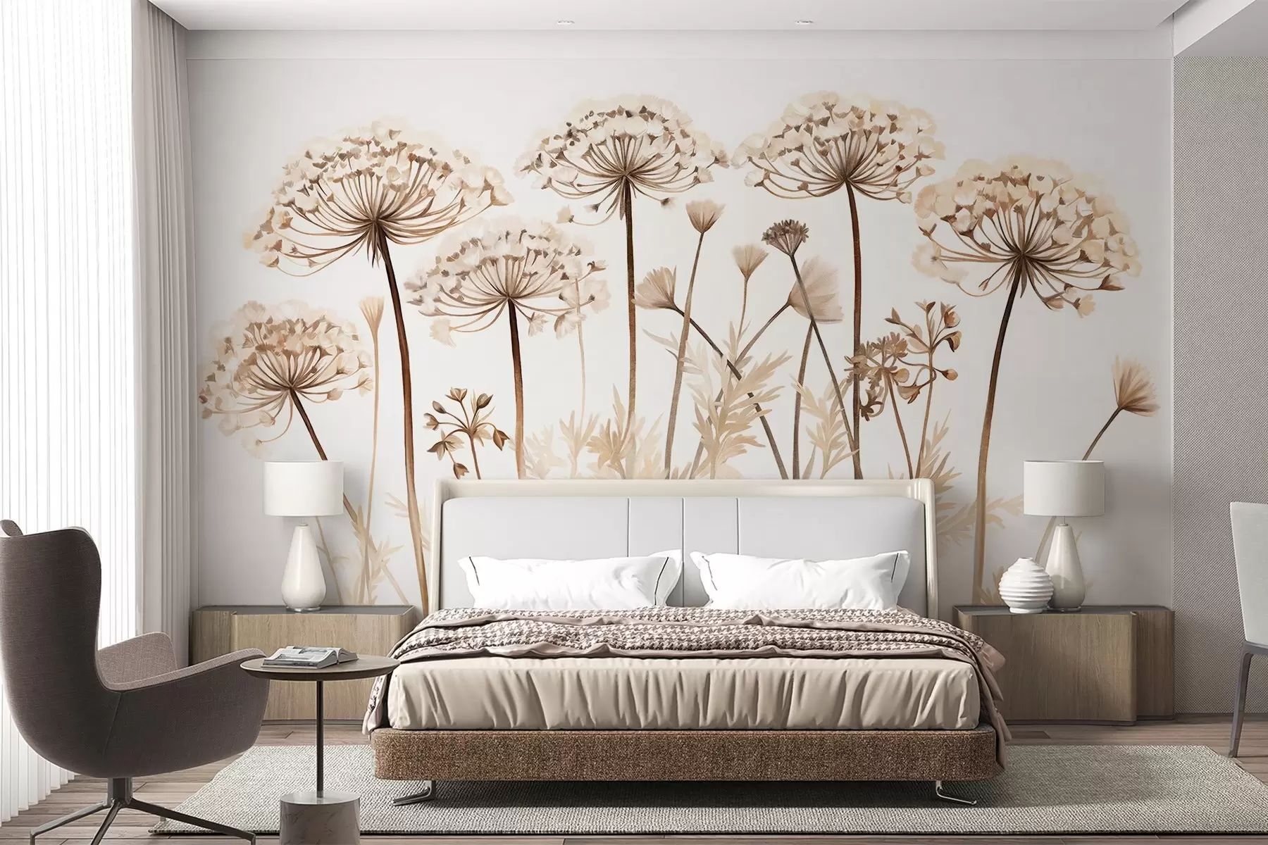 murales Flores de Queen Anne's Lace en un campo, imitación de pintura texturizada, paleta de colores marrón, beige y blanco, ilustración botánica w09294