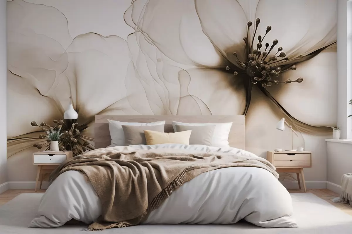 wall murals Two translucent textured brown flowers with visible stamens, overlapping delicate petals, and a soft flowing texture w09295