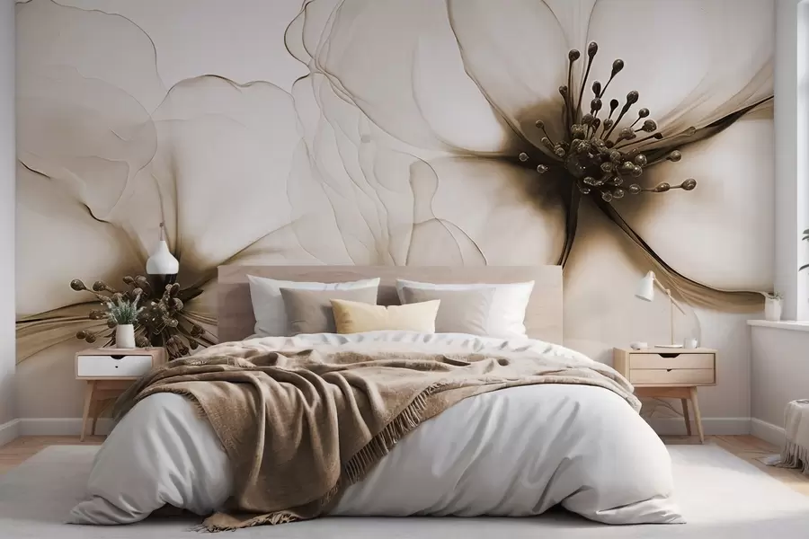 murales Dos flores marrones de textura translúcida con estambres visibles, pétalos delicados superpuestos y una textura suave y fluida w09295