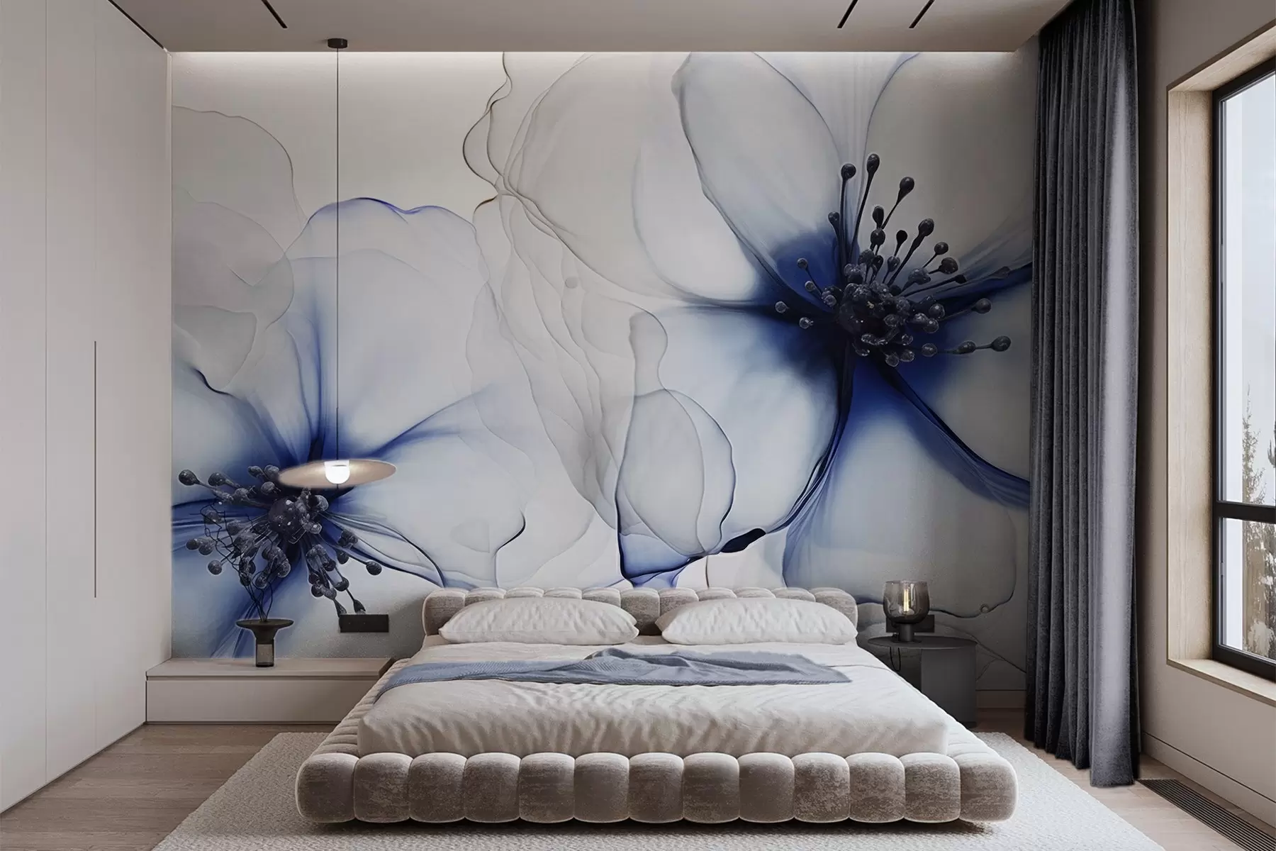 Wall Mural Photo Wallpaper Two translucent textured blue flowers with visible stamens, overlapping delicate petals, and a soft flowing texture w09295v1