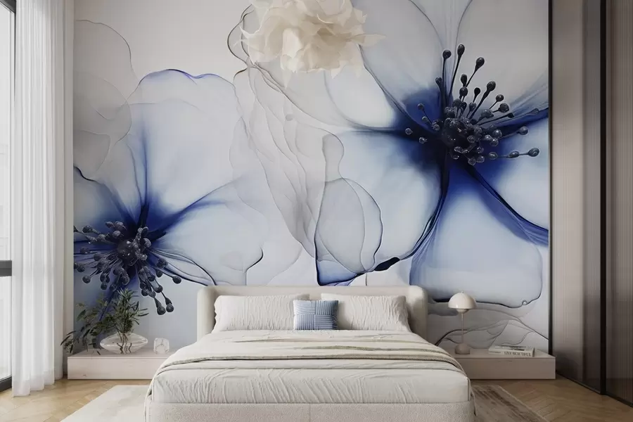 murais de parede Duas flores azuis translúcidas texturizadas com estames visíveis, pétalas delicadas sobrepostas e uma textura suave e fluida w09295v1
