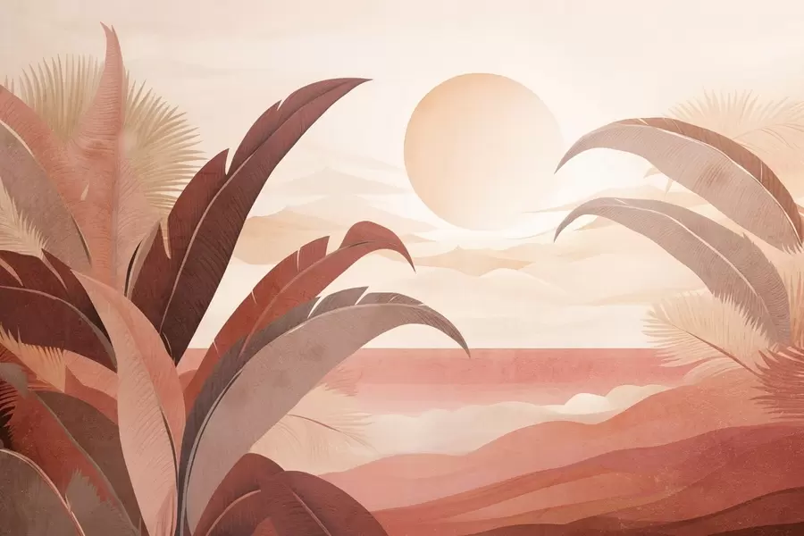 Wall Mural Photo Wallpaper Tropical textured abstract landscape with palm leaves and a big sun in the sky, warm color palette, minimalist style, stylized w09296